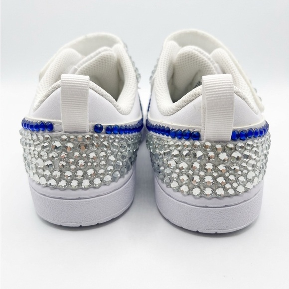 Professionally Bedazzled silver and blue Nike White Youth Sneakers (2.5Y) - Picture 2 of 5